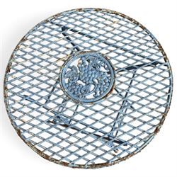 Three-piece French style blue-painted wrought iron garden bistro set, comprising a circular folding table with latticework top and central fruiting grapevine medallion (W71cm H76cm) and matching pair of chairs, with scrolling cresting rail and grapevine motif over folding X-frame base (W40cm H98cm)