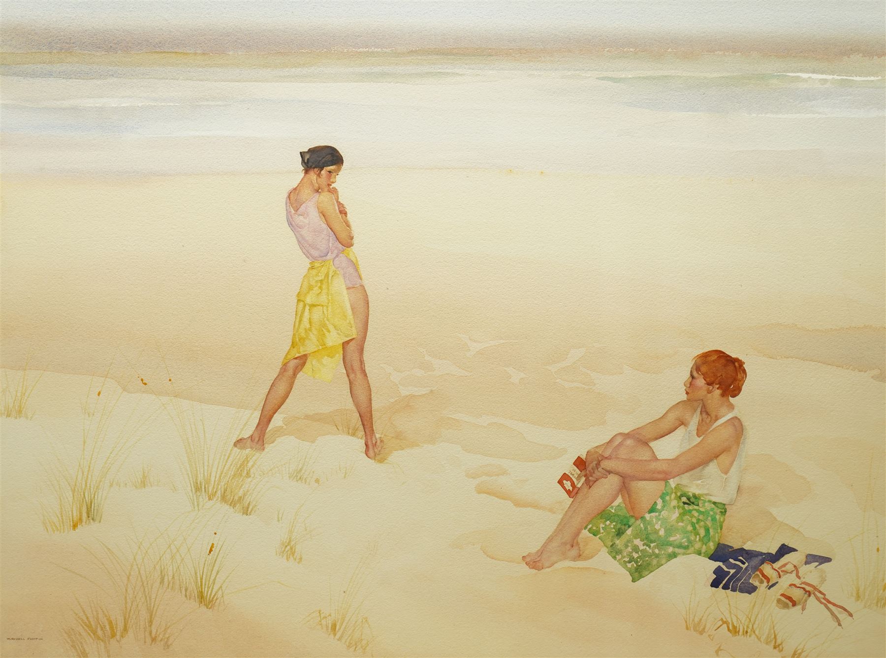 Sir William Russell Flint (Scottish 1880-1969): 'The Interrupted Reader', watercolour signed, titled and dated 1937 by the artist's hand on Fine Art Society label verso 50cm x 67cm