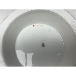 Victorian Copeland, Botanical dessert service, decorated with floral sprigs to the centre with a pink and gilt border, comprising five comports and seven plates, largest comport H20cm, plate D22cm