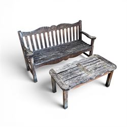 Teak garden bench, wavy shaped rail and slatted seat, with matching coffee table (2)