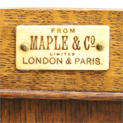 Maple & Co. - Arts & Crafts oak dresser with stained glass cupboard, raised section with pierced pediment above a mirrored back, with a stained glass fronted cupboard with fixed shelf, single long drawer, above a pair of fielded panels, with open recess above a short drawer, raised above a full length undertier with turned supports