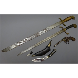  19th century continental hunting sword with 62cm single edged steel blade, brass hilt with bird's head quillons and pommel and bound grip 75cm overall, a 19th century naval officer's dirk with 48cm fullered steel blade, brass hilt with lion's head pommel and horn grip 61cm overall, a small Indian kukri knife and a relic 19th century ten-shot revolver (4)  