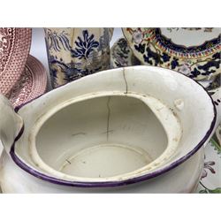 Four mid 19th century Mason's Ironstone plates decorated in the Chinese Antiquities pattern, the central circular panel decorated with footed vase with stylised motifs within a floral border, with gilt detail, pattern no. 1438, largest D26cm, together with Royal Worcester plate with floral decoration within green borders, blue and white tankard with pewter lid and teapot, teapot
