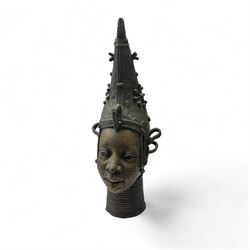 Pair of Benin bronzed busts depicting the Oba of Benin and Queen, together with with other bronzed figures, bust H31cm 