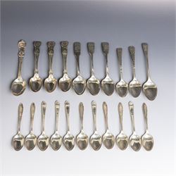 Twenty-one silver teaspoons, comprising set of six 1920s coffee spoons, set of three Kings...