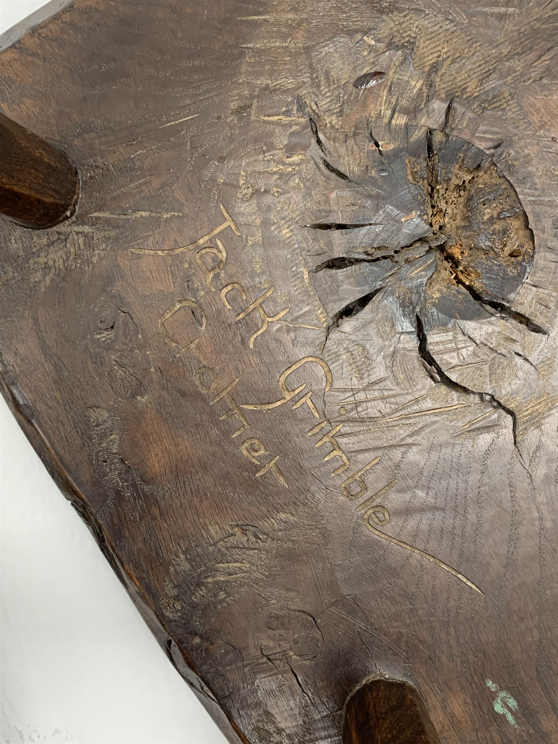 Collection of three mid 20th century stools by Jack Grimble of Cromer - rectangular tooled oak seat on four splayed supports (38cm x 31cm, H35cm), circular tooled burr oak seat on three supports (D29cm, H35cm), shaped burr top on three supports (L44cm, H45cm), each signed underneath