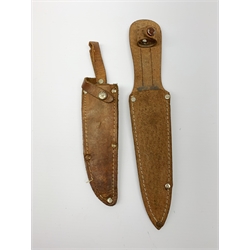 20th century hunting knife with 13cm single edge blade, cast white metal hilt with S-shaped quillon, wrythen grip and eagle head pommel L25cm overall; and another hunting knife with Solingen 12cm blade and simulated stag antler grip, both in leather sheath (2)