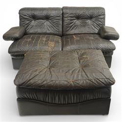 Mid 20th century leather upholstered two-piece sectional sofa with footstool, buttoned back cushions with stitched panel decoration, padded armrests and deep seat cushions, raised on concealed supports