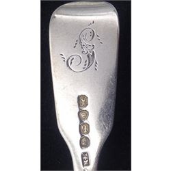 Three George IV silver fiddle pattern dessert spoons, with engraved initial to terminal, hallmarked William Bateman I, London 1820, together with three William IV silver fiddle pattern forks, with engraved initial verso, two hallmarked London 1831, maker's mark R.H probably Robert Hennell II, and one hallmarked Jonathan Hayne, London 1836