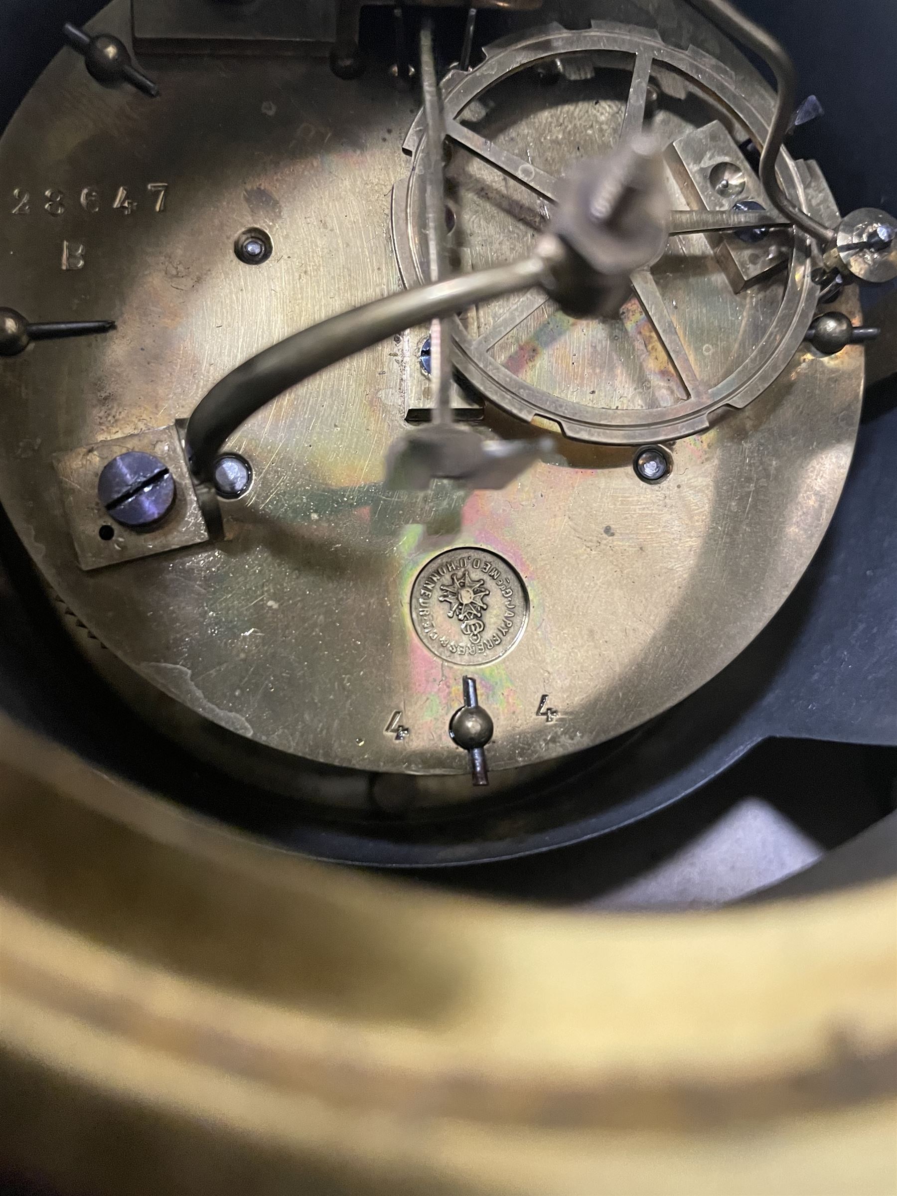 Small Victorian black slate and variegated marble mantel clock, the case with engraved decoration, circular enamel Roman dial, eight day movement by 'Japy Freres' striking the hours and half on bell