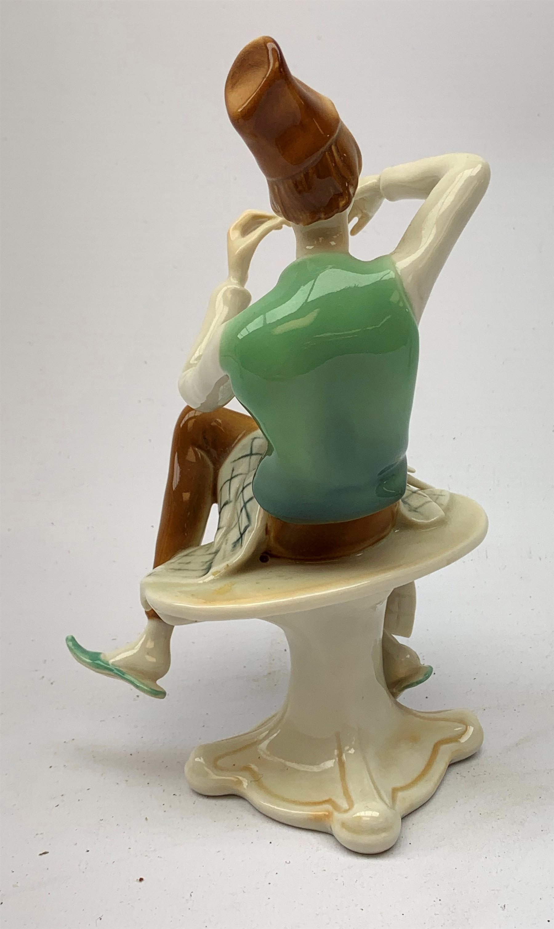 Three 20th century Karl Ens figurines, the first modelled as Uncle Fritz, the second modelled as Bock the Tailor, the third modelled as a sprightly female figure, each with printed blue mark to base, largest H20cm. 