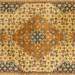 Persian Bijar rug, ivory field profusely decorated with a dense all-over Herati pattern centered by a red medallion with indigo lozenge and spandrels framed by a rust ground border of stylized palmettes and rosettes, between narrow floral guards