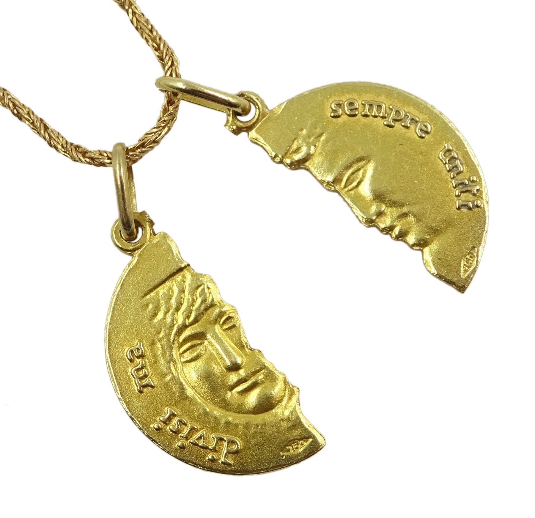 18ct gold moon love token on 18ct gold Singapore chain necklace, both stamped 750  