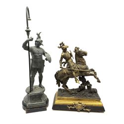 19th/ early 20th Century spelter figure depicting a knight on horseback titled 'Lancaster' H51cm and a spelter figural lamp in the form of a knight (2)