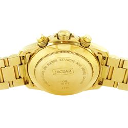Jaguar gentleman's 18ct gold automatic chronograph wristwatch, white dial with mother of pearl subsidiary seconds dials, day-date aperture and baton hour markers, on 18ct gold bracelet, Swiss hallmarks