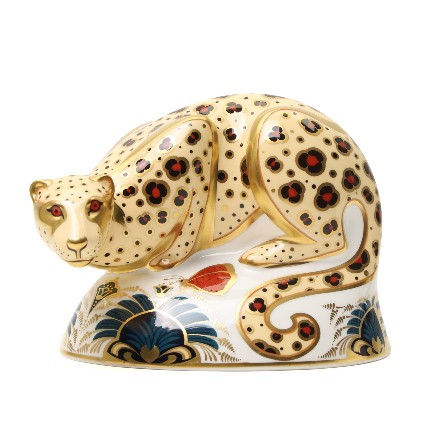 Royal Crown Derby paperweight, Savannah Leopard from the Endangered Species series, limited edition 177/1000 with certificate and gold stopper 
