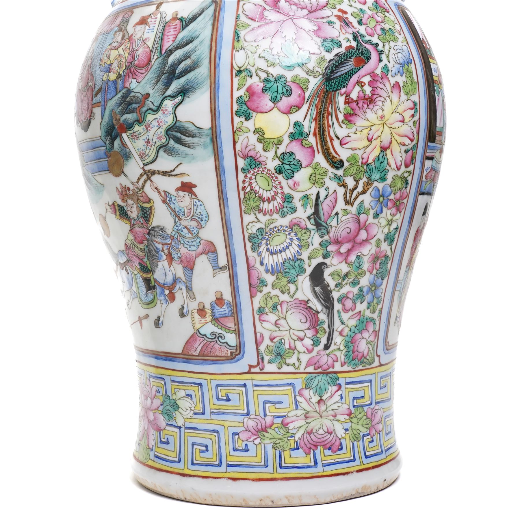 Large pair of 19th century Cantonese famille rose vases, each painted with various courtly scenes, including a display of warriors fighting on horseback before an official and his attendants, double Buddhist lion handles and applied at the shoulders with chilong, the lower band painted with Greek key motif, H58cm (2)