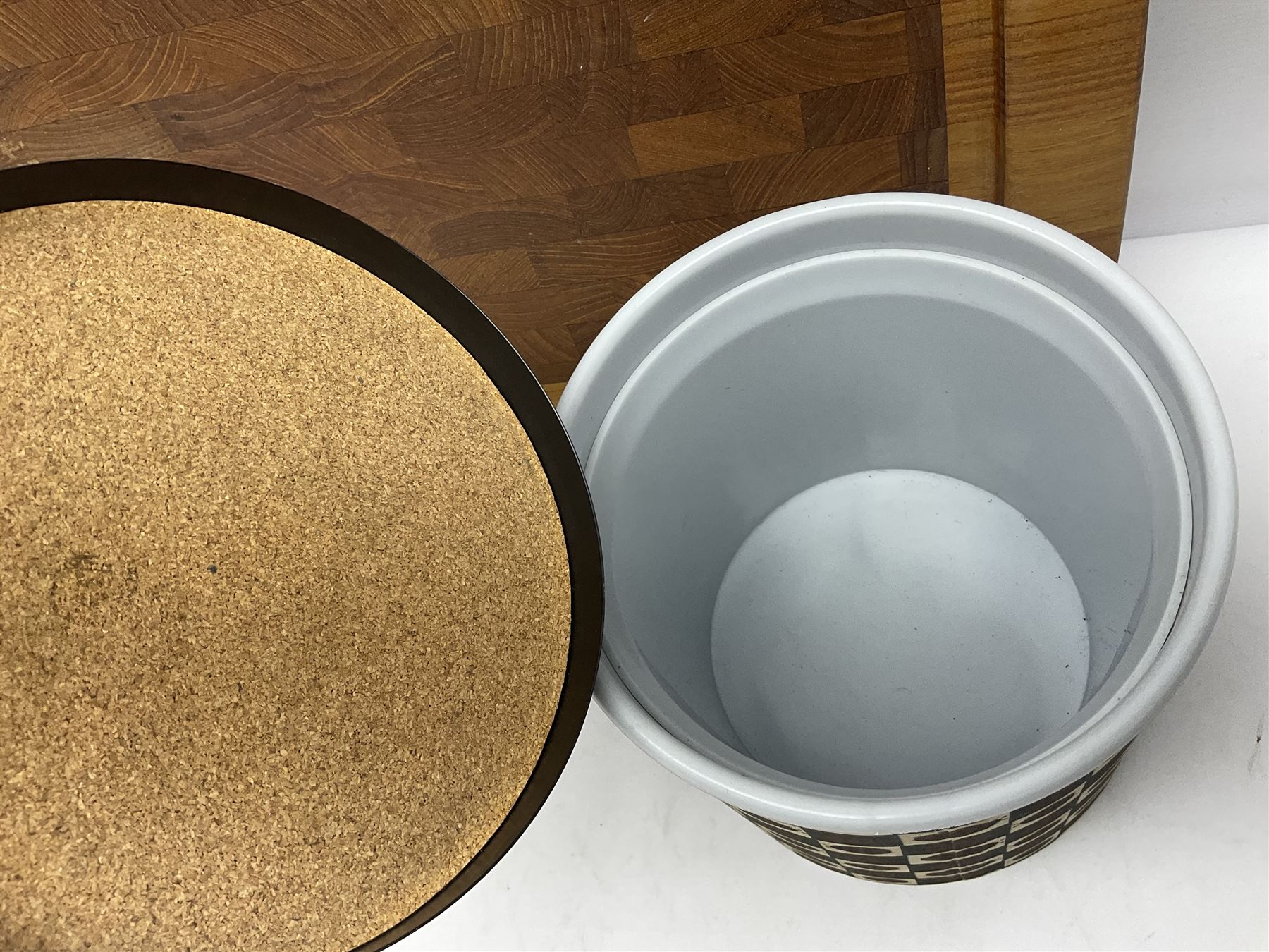 Danish collectables, to include teak tray by Nissen Denmark, ladybird pattern biscuit barrel by Laurids Lonborg and a Stelton stainless steel and wooden cruet set, together with a mid century floral tile trivet