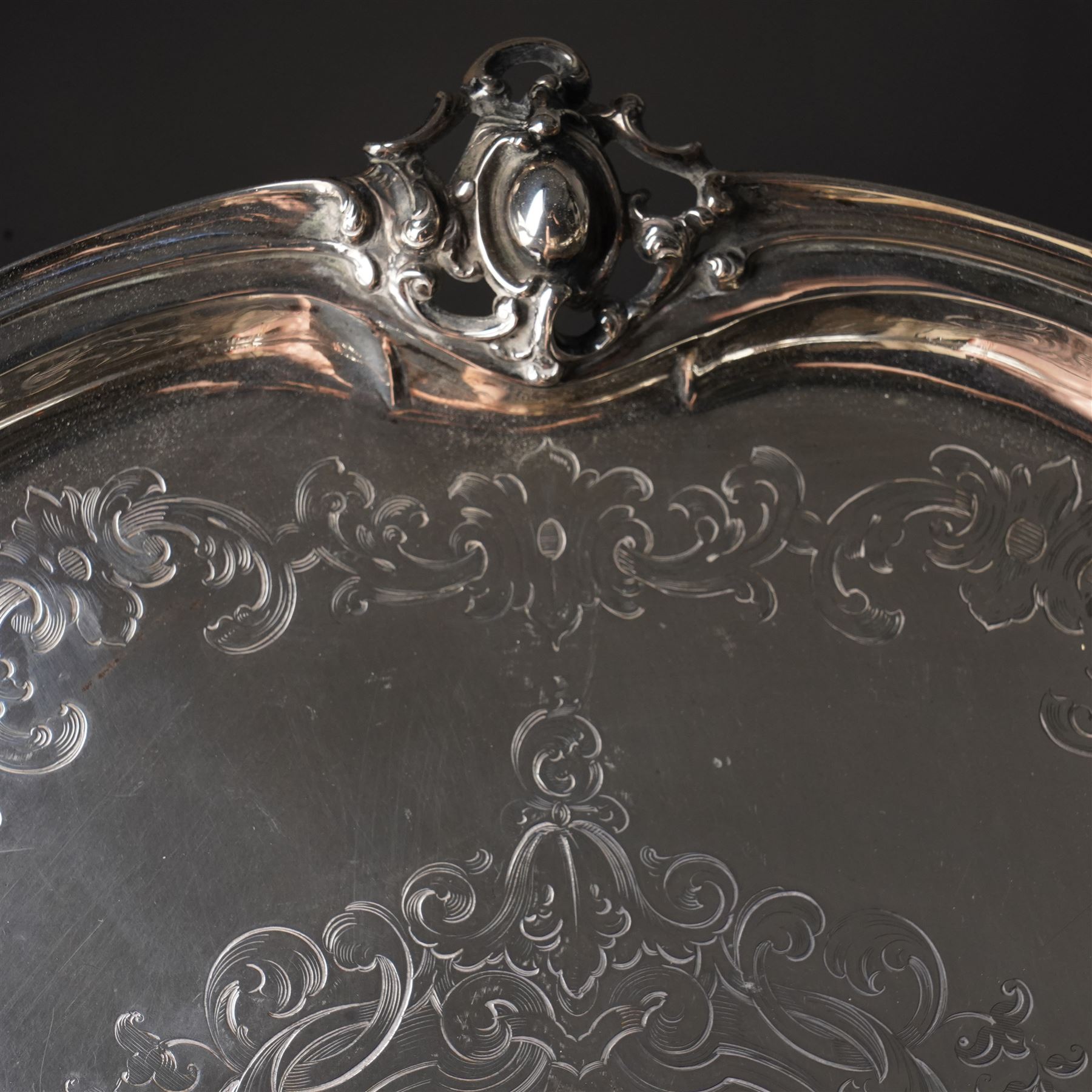 Victorian Scottish silver salver of shaped circular form with moulded border, engraved decoration and on pierced bracket feet D36cm Edinburgh 1854 Maker George Crichton 