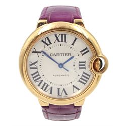 Cartier Ballon Bleu ladies 18ct rose gold automatic wristwatch, Ref. 3003, serial No. 100558SX, silvered guilloche enamel dial with Roman numerals and secret signature at 7, on original purple leather strap with 18ct gold Cartier buckle