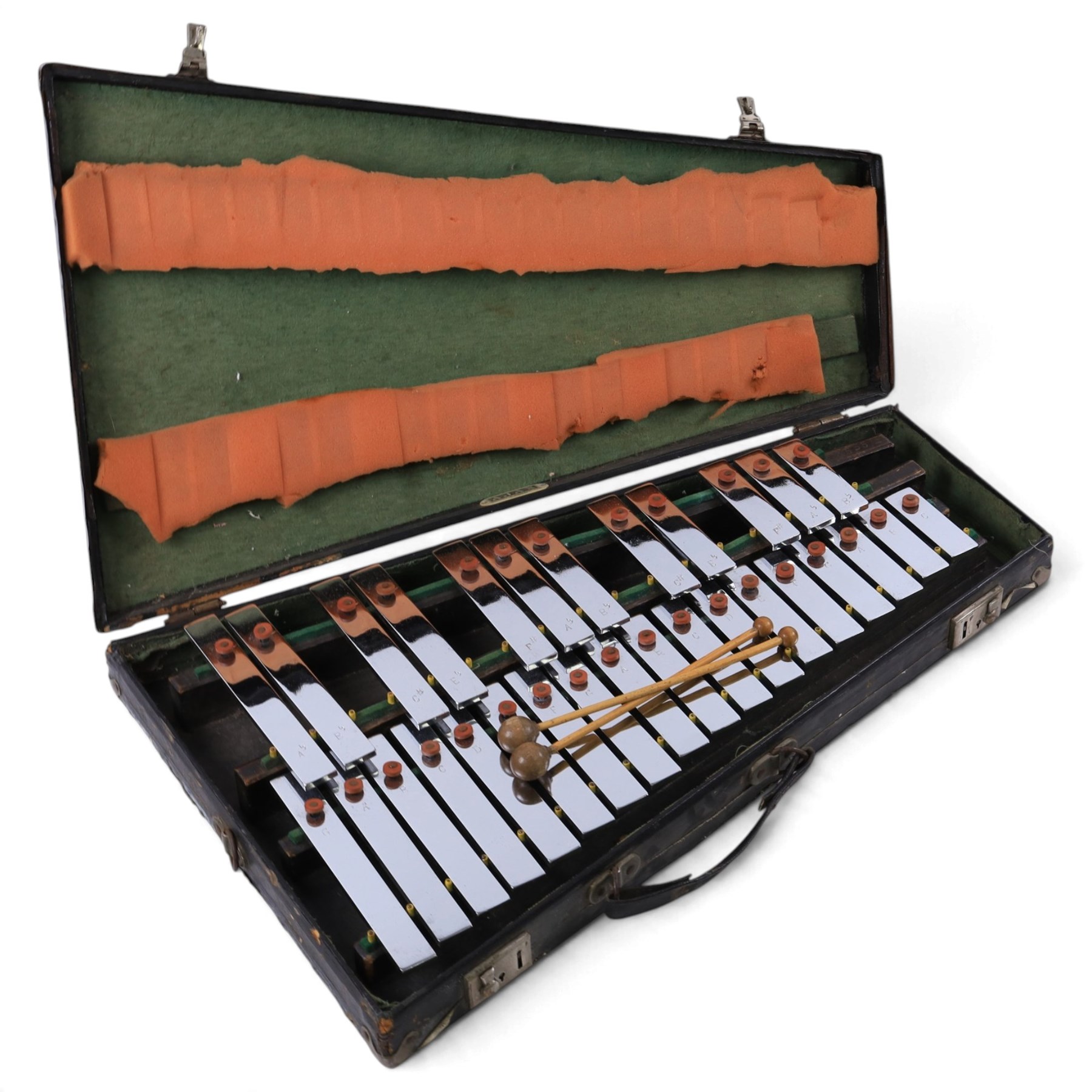 Ajax Boosey & Hawkes metal glockenspiel with black wooden frame, wooden beaters, in hard carry case