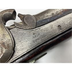 19th century Indian .577 Enfield muzzle loading rifle, proofed for 26-bore, the 98.5cm barrel with three barrel bands and later ram rod L140cm overall; 19th century Belgian side-by-side double barrel percussion shotgun, approximately 20-bore, with 74cm barrels and studded walnut stock, lock plate marked 'Liege 1868' and 'V. Gulikers-Maquinay' L117cm overall; and another side-by-side double barrel shotgun by Smythe with underlever opening (3)