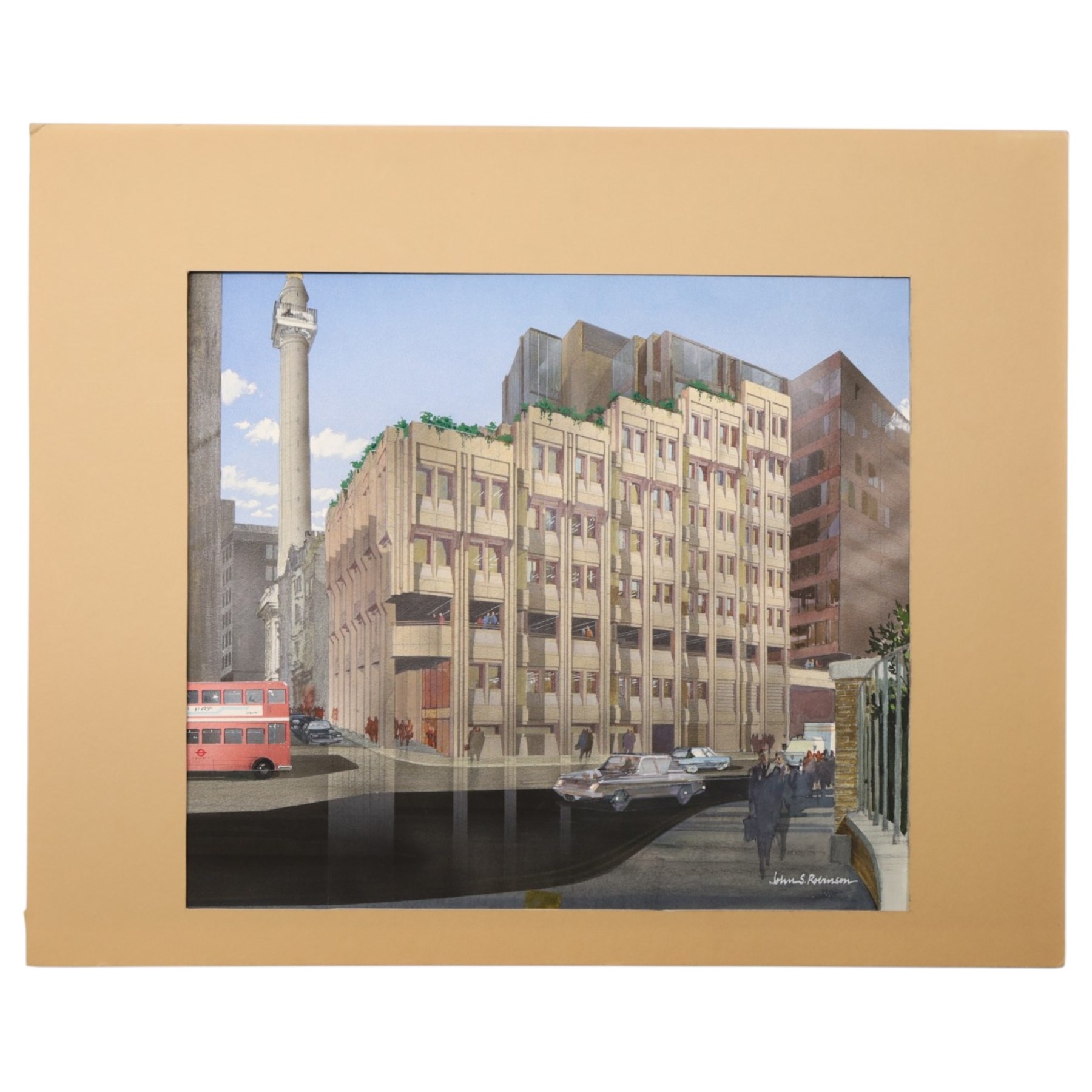 J H McCoy (20th Century): Architectural perspective of Moscow, watercolour heightened with white signed and dated 1989; John S Robinson (British 20th Century): Architectural perspective of a London Building, gouache signed; Architectural perspective of Imperial Chemical Industries Headquarters Slough and an angular interior, two mixed medias unsigned max 54.5cm x 48.5cm (4) (unframed)