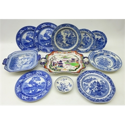  Early 19th century Brameld serving dish possibly in the 'British Views' pattern, Victorian Masons Ironstone Chinoiserie pattern tureen plate, 19th century Chinese blue and white tea bowl, other 19th century and later blue and white ceramics (11)  