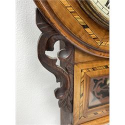 19th century inlaid walnut drop dial wall clock, twin train movement striking the hours on bell