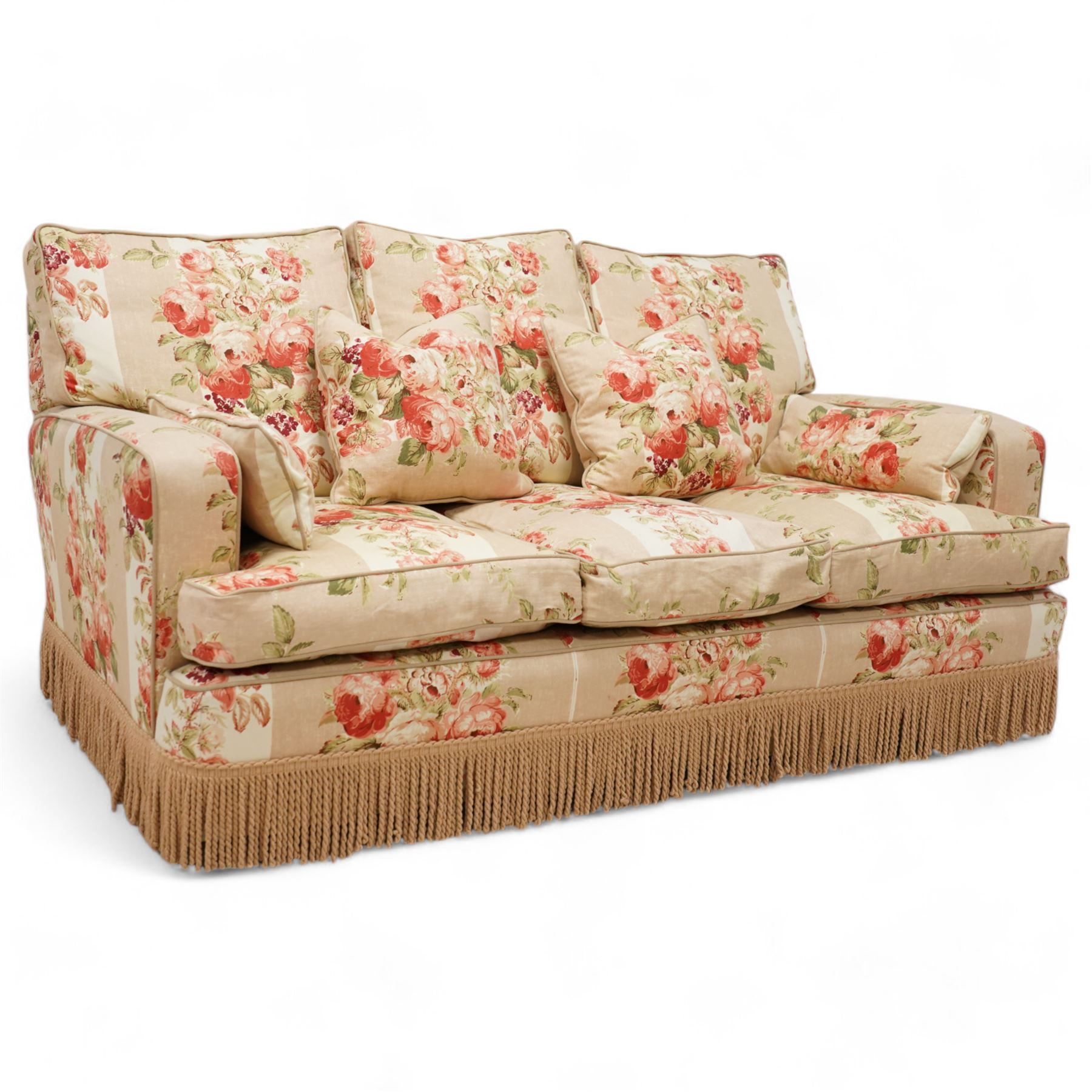 Edwardian design two-seat sofa (W165cm, H83cm, D106cm); and matching pair of armchairs (W80cm); upholstered in striped fabric decorated with floral bouquets and gold fridge