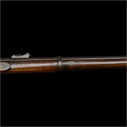 19th century Enfield percussion rifle, the 99cm barrel with three barrel bands, fore sight and rear sight, ramrod under, full walnut stock with brass butt, carrying sling brackets, action marked '1855 Tower' with Victoria cypher, overall L138cm