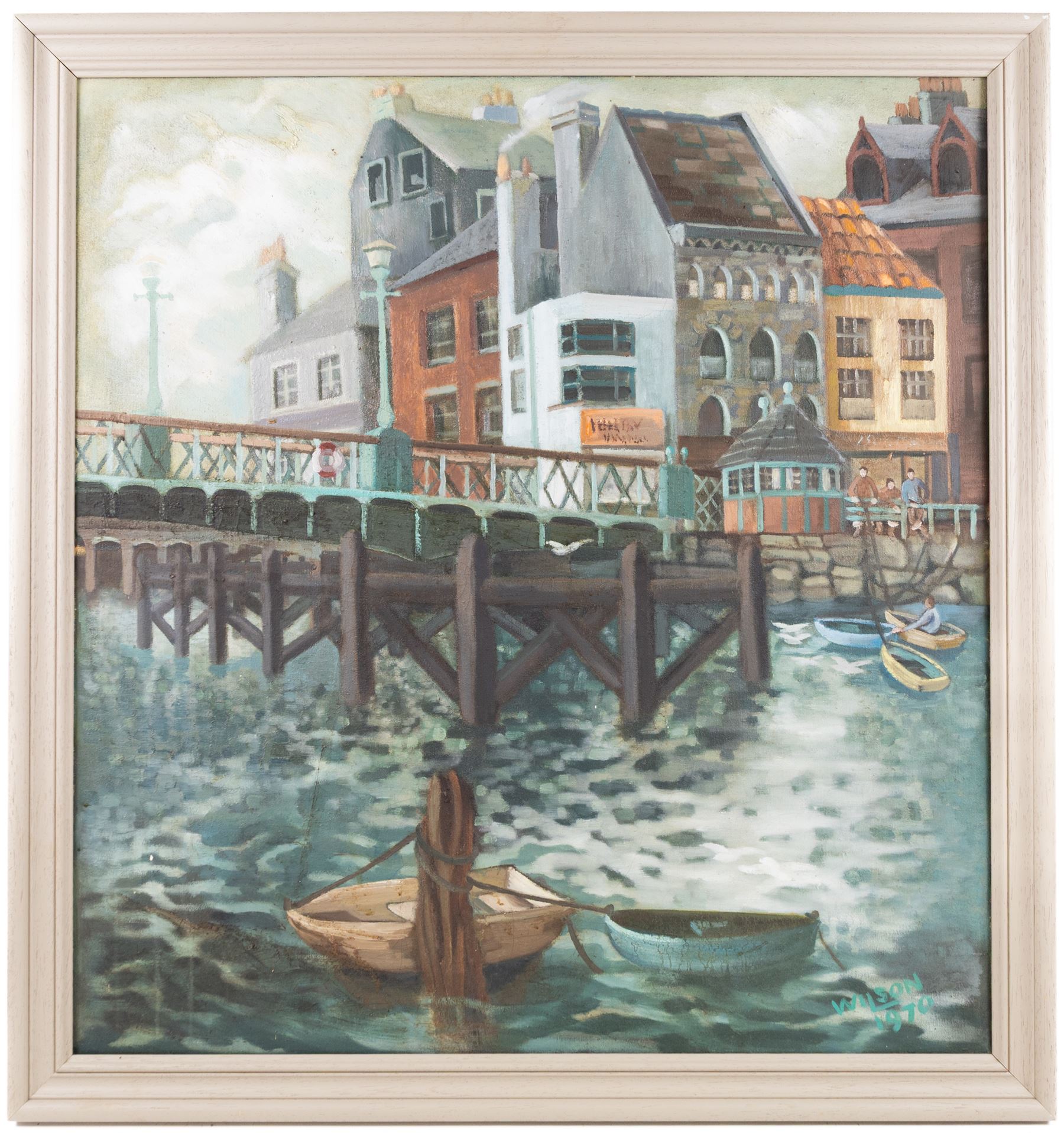 RA Wilson (British Mid-20th century): 'Whitby Harbour from Sandgate', oil on canvas signed and dated 1970, titled on label verso 75cm x 70cm