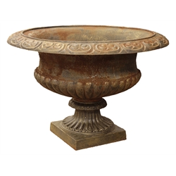  Large cast iron urn, rim moulded with scrolling lunettes, H90cm, W130cm  