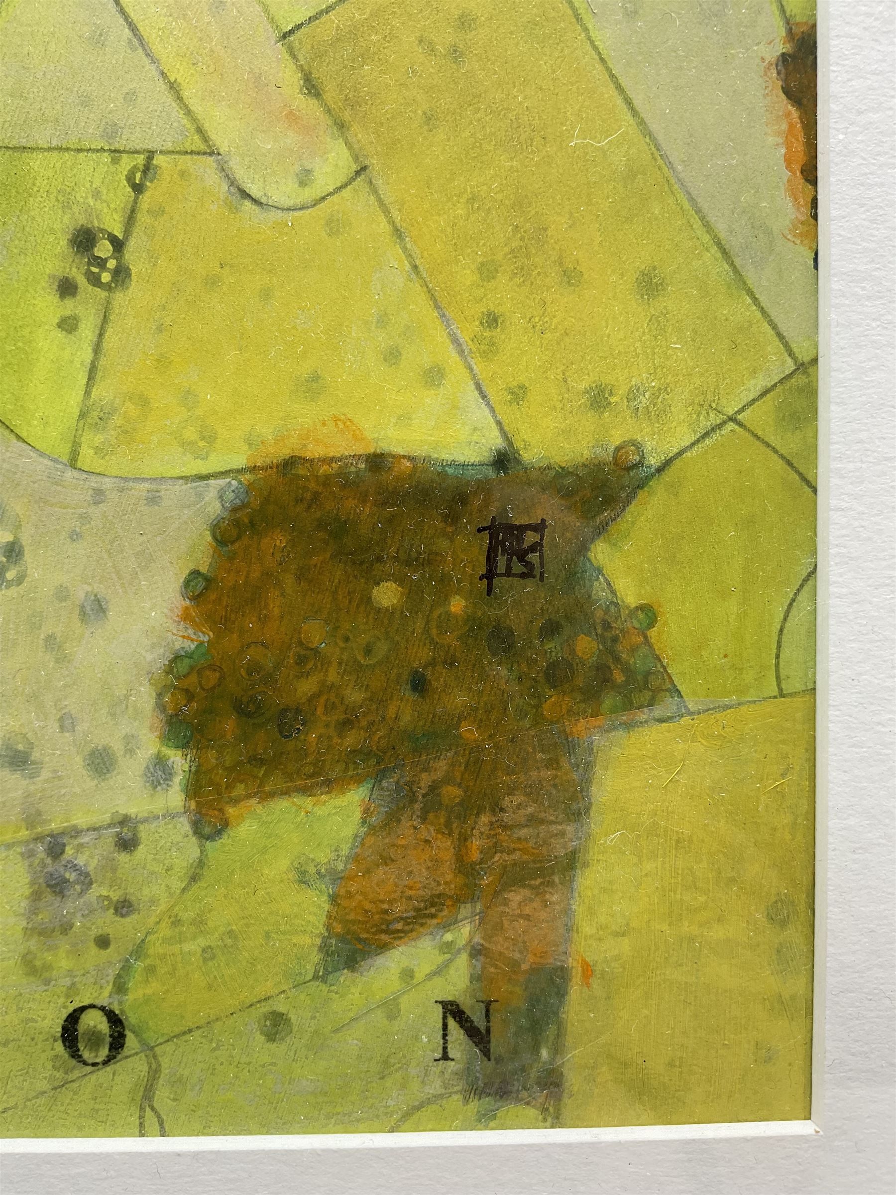 Russell Lumb (British 1946-): 'Ruston' near Scarborough, mixed media semi-abstract map titled signed with monogram and dated '15, artist's address label verso 34cm x 29cm