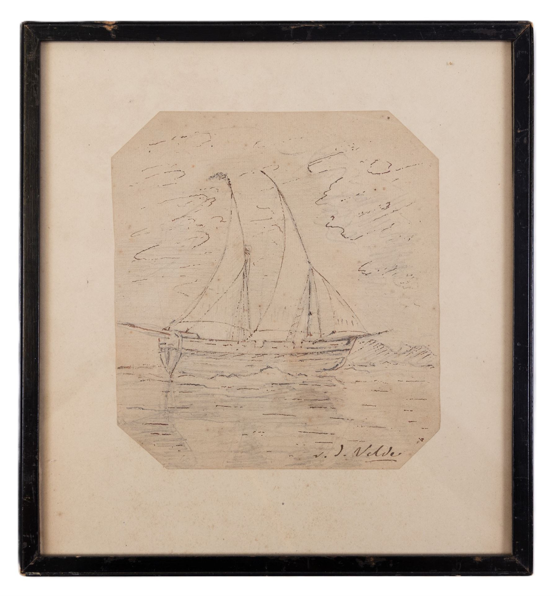 Manner of Willem van de Velde (Dutch 1633-1707): Sailing Boat Battling a Storm, pencil and ink on paper bearing signature 17cm x 15cm 