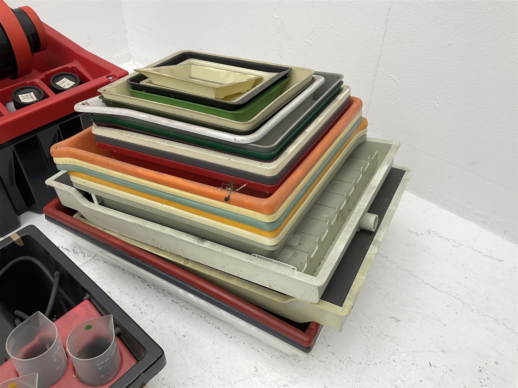 Jobo Colorprocessor CPA 2  fitted with a JoboDrum 2830 drum, DrumModul 2870, three plastic cylinders and six chemistry storage bottles, Jobo Colorprocessor CPA 2, fitted with JoboDrum 4531, four plastic cylinders and 4 chemical storage bottles, and nineteen development trays of various sizes, all untested