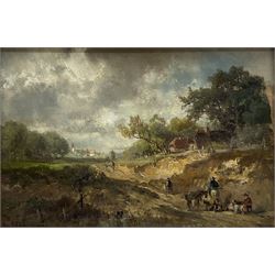 Adolf Stademann (German 1824-1895): 'Near Fenwick' Northumberland - Workers by the Roadside, oil on panel signed, titled verso 19cm x 28cm