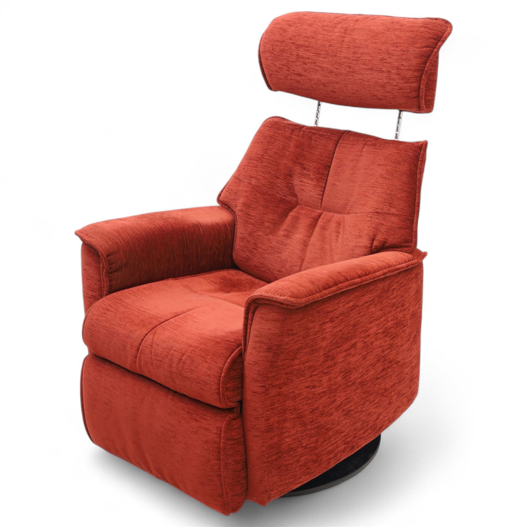 Contemporary electric reclining swivel rocker armchair, upholstered in textured red chenille fabric, high back with integrated headrest and panelled cushioning, on a circular base, requires power unit