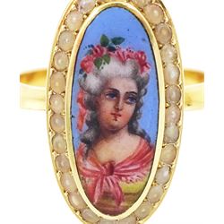 19th century French gold pearl and enamel portrait ring, set with an oval hand painted enamel portrait of a woman wearing a pink shawl and flowers in her hair, surrounded by seed pearls