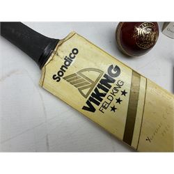 Sondico cricket bat with Yorkshire C.C.C. signatures; framed Lord Taverners v Barclaycard XI programme signed by Colin Milburn, Colin Cowdrey, Roy Kinnear, Nicholas Parsons etc; souvenir Ashes 1994/95 cricket ball; books of cricket interest; tie-pin etc