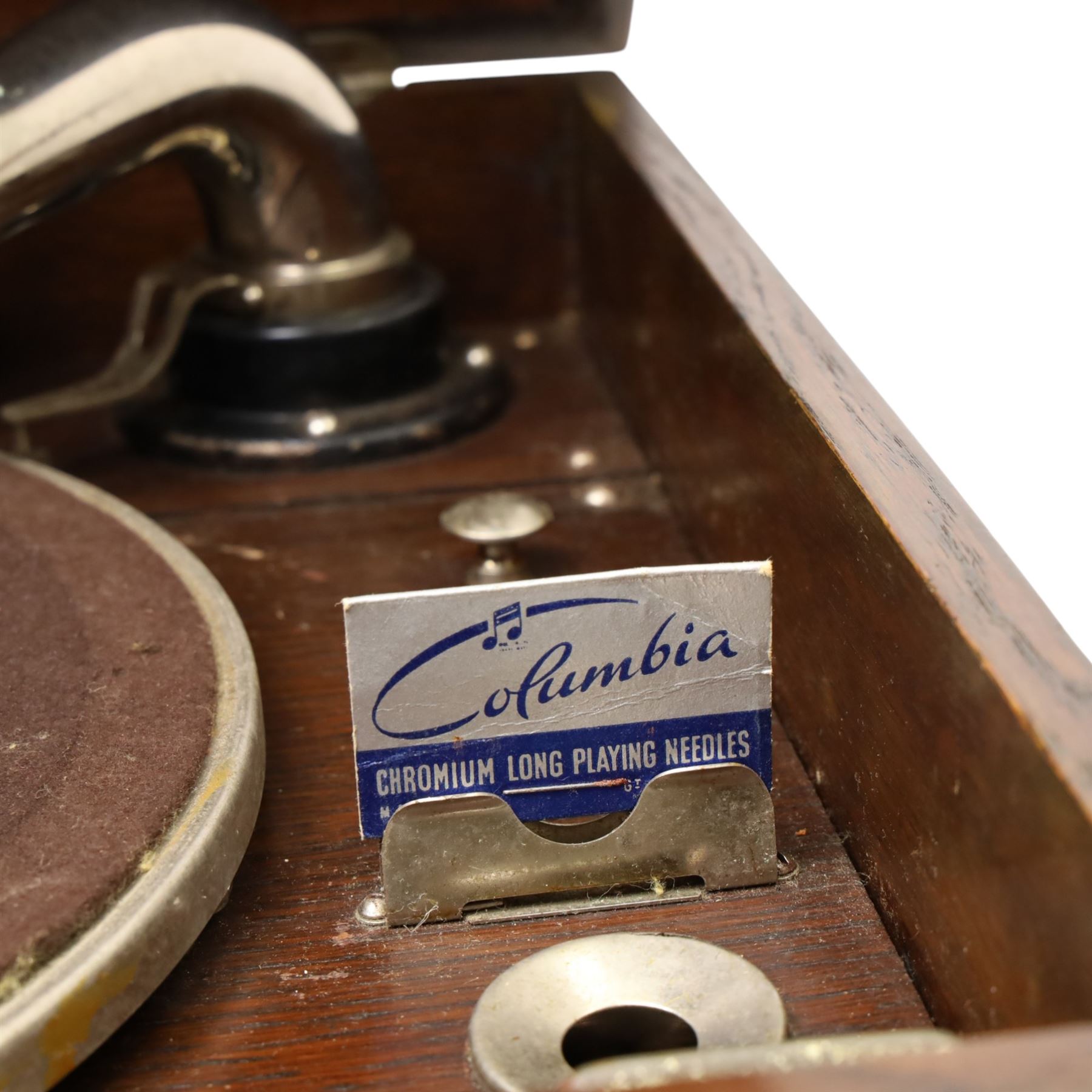 HMV wind up gramophone in oak case and a tool box and contents