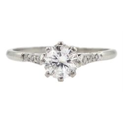 Platinum single stone round brilliant cut diamond ring, with diamond set shoulders, stamped Plat, diamond approx 0.55 carat