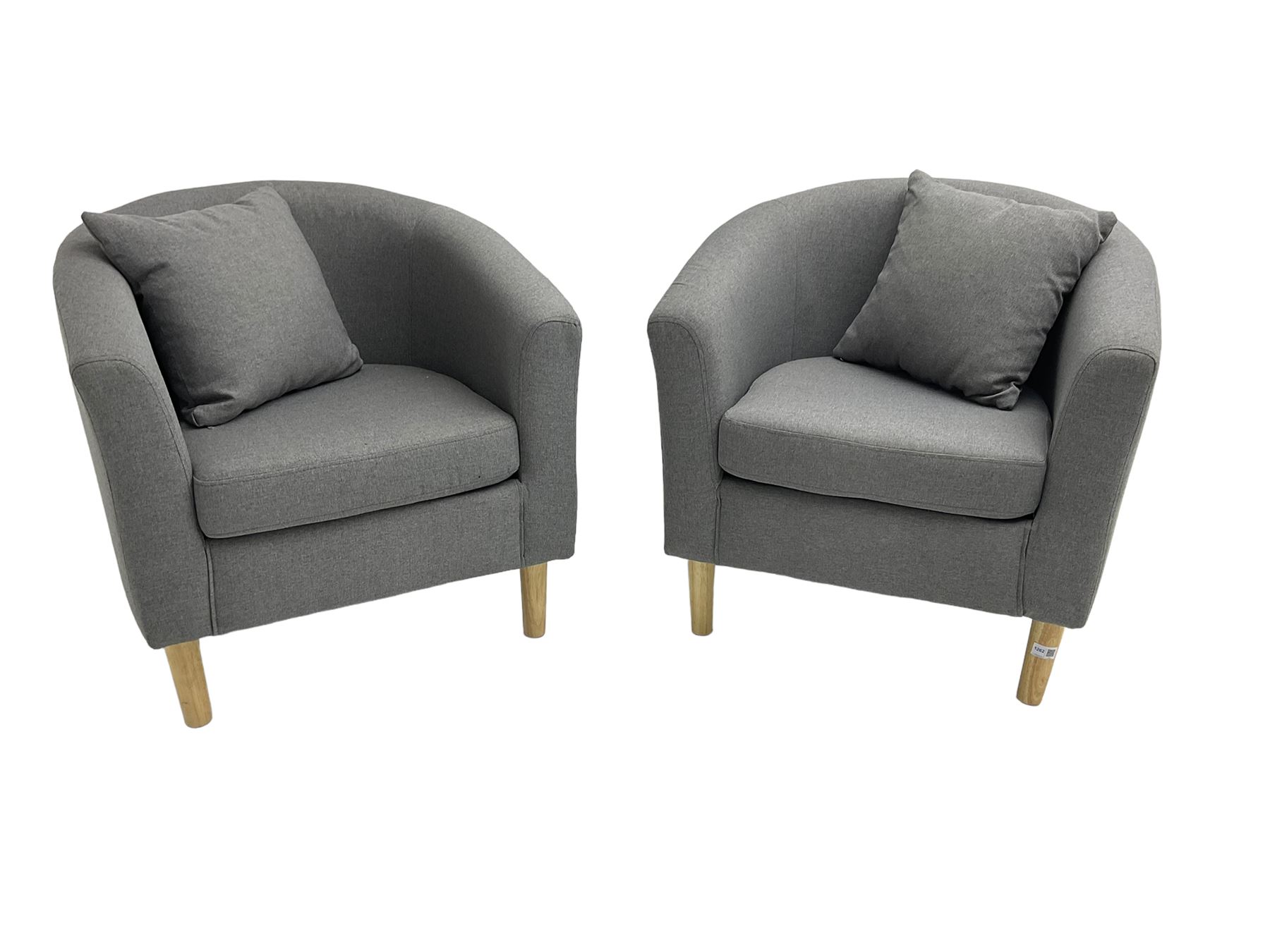 Pair small tub chairs, upholstered in graphite grey fabric and raised on tapered feet