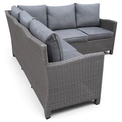 Kettler - Palma rattan garden lounge suite, comprising modular corner sofa (DIM) with slatted and rattan garden table on end supports (DIM), and three stools (DIM), with loose seat cushions