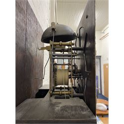 William Watson of  Blackburn (Lancs)  - late 18th century 8-day oak and mahogany cross banded longcase clock, with a flat top and open fretwork above, deep cornice with dogtooth moulding and frieze beneath, square hood door flanked by reeded pilasters with brass capitals, trunk with  reeded quarter columns, long trunk door with concave corners on a plinth with canted corners on bracket feet, brass dial with cast brass spandrels, broad silvered chapter ring with Roman numerals and five-minute Arabic's, a profusely engraved and silvered dial centre with seconds dial, matching steel hands and calendar aperture, hourly rack striking movement with a recoil anchor escapement. With weights, pendulum and key. 
William Watson of Northgate, Blackburn, is recorded as working c1770-1814 . As with this clock Watson frequently signed some of his clocks without a placename.