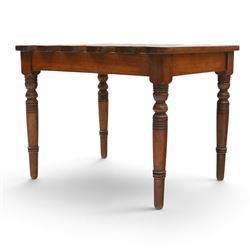 Victorian mahogany luggage stand, slatted top of rectangular form over plain frieze rails raised on ring turned supports