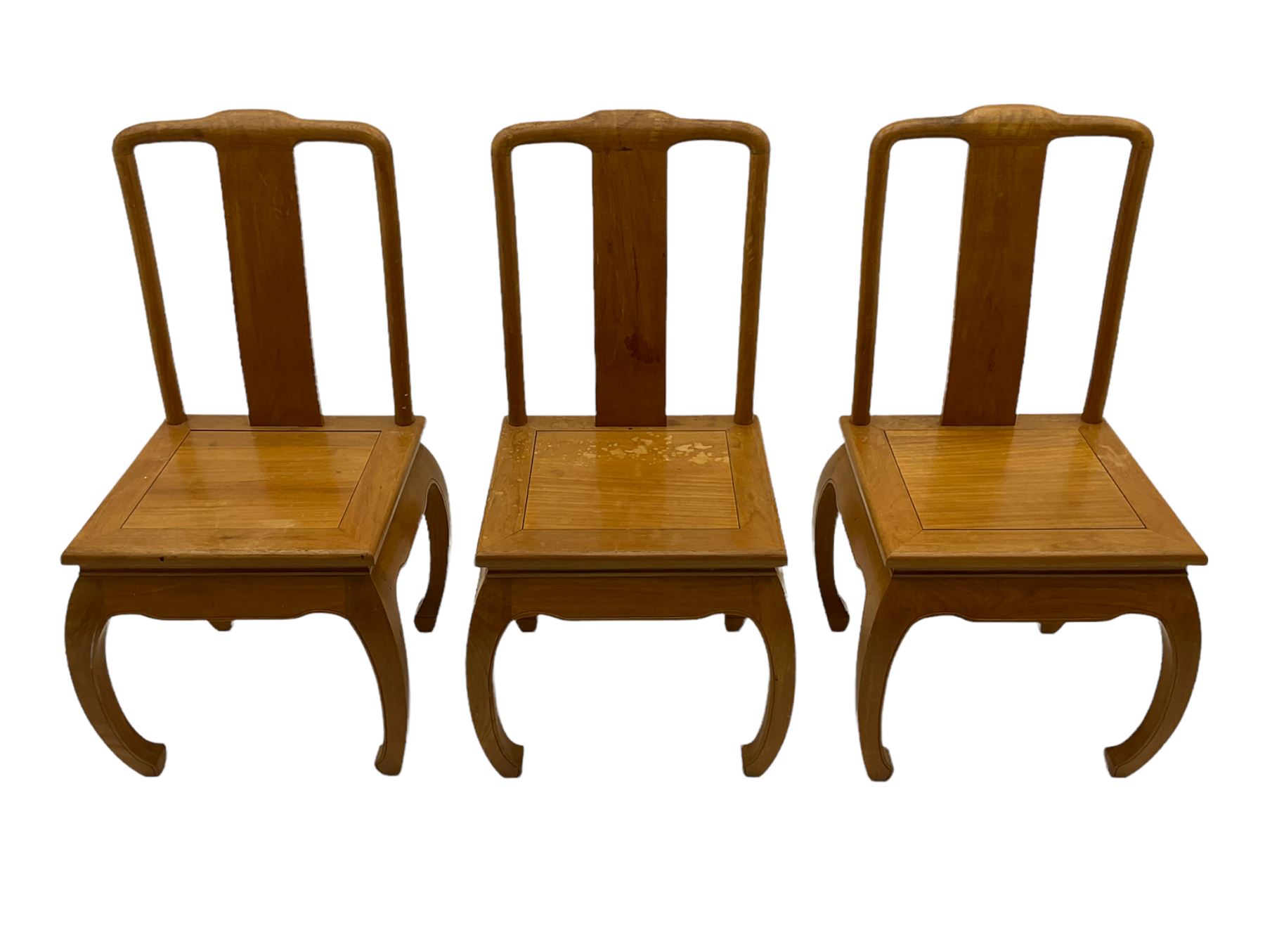 Oriental hardwood rectangular dining table, and six high back dining chairs with solid seats