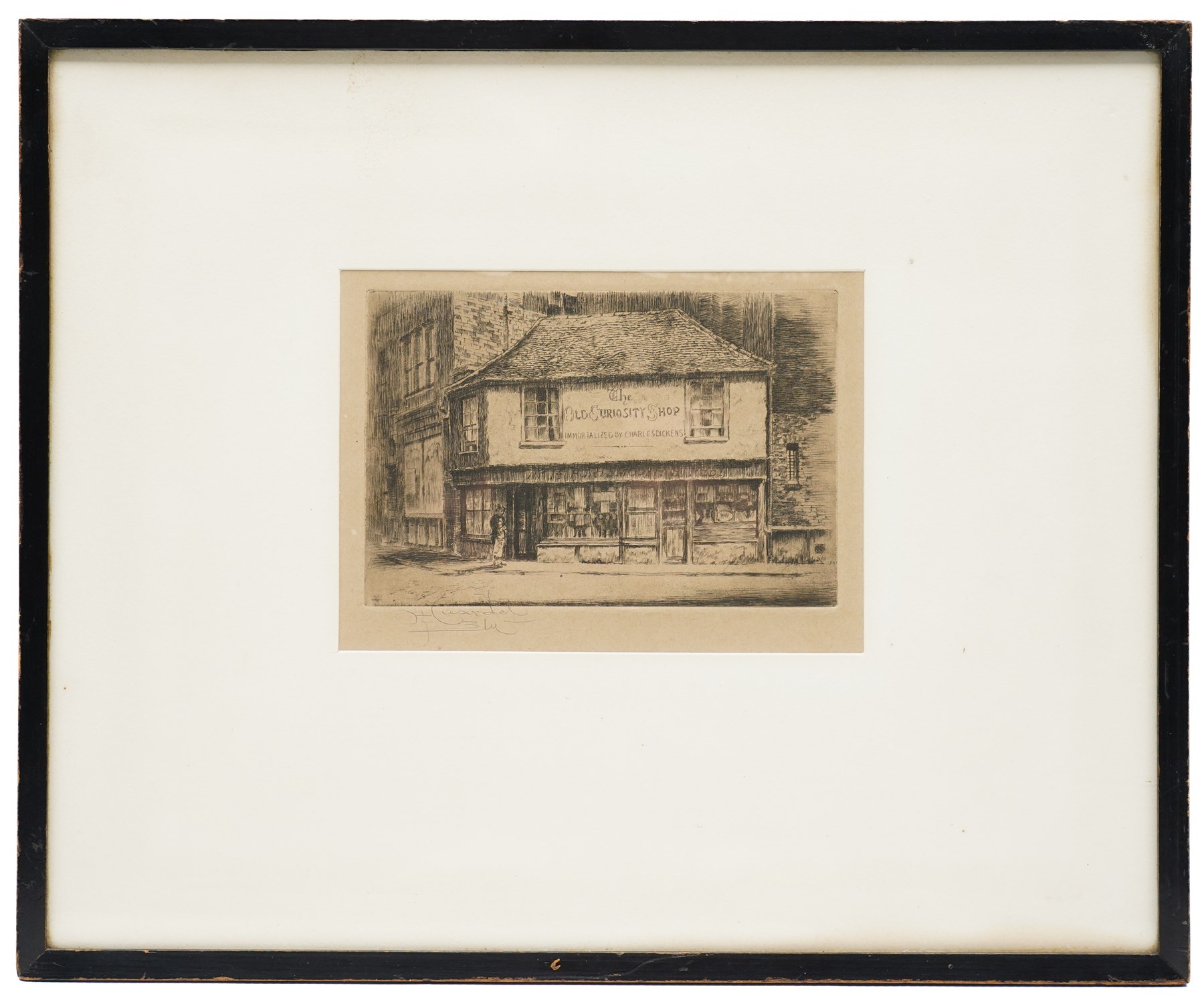 William Renison (Scottish 1893-1938): House of Saint Veronica - Via Dolorosa Jerusalem and French Town Centre; Frank Harding (British fl.1885-1890): 'Christchurch Priory'; John Fullwood (British 1851-1931): Churchyard, and Georges Huardel-Bly (French 1872-?): The Old Curiosity Shop, five monochrome etchings signed in pencil max 44cm x 30cm (5)