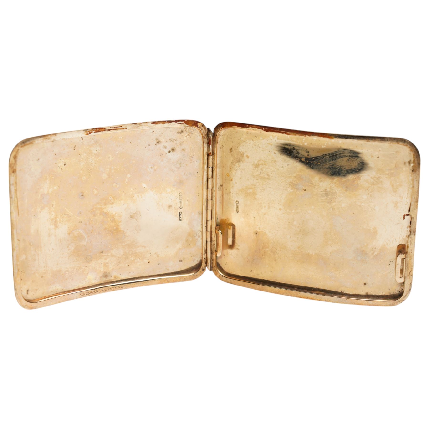 1920's 9ct gold cigarette case, of rounded rectangular form, engraved 'Finnart's Bay July 15th 1922' to cover with monogram, hallmarked JCB & Co, London 1921, also marked 9 375, H10cm W8cm