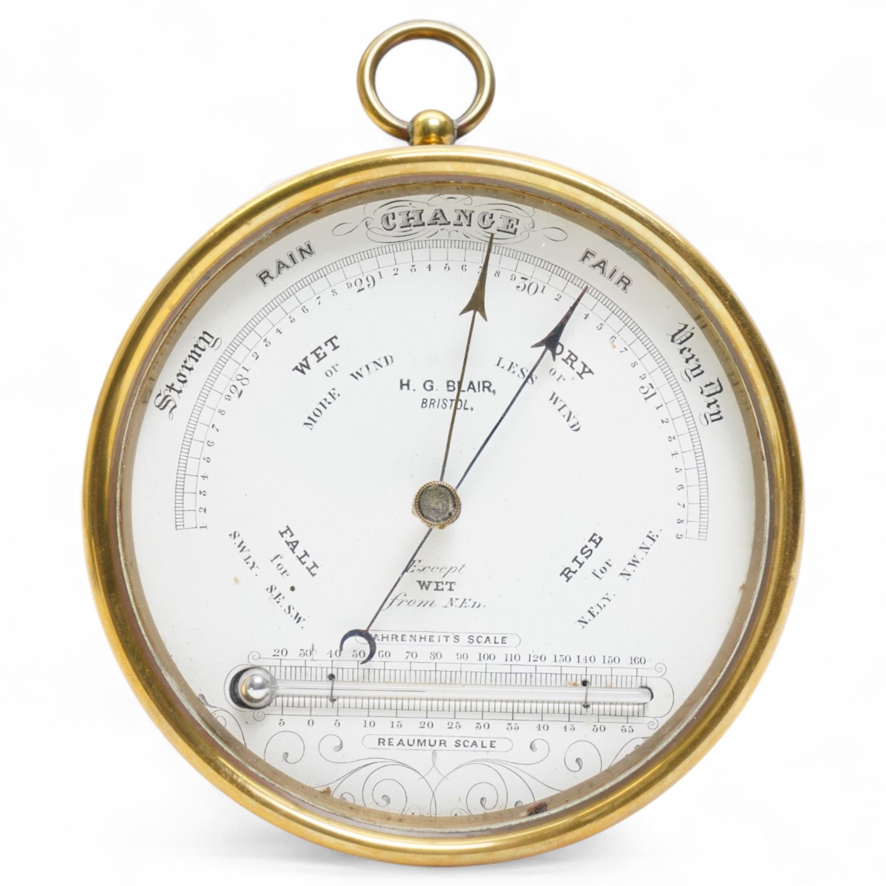Late 19th century brass cased aneroid barometer with glazed cover and ...